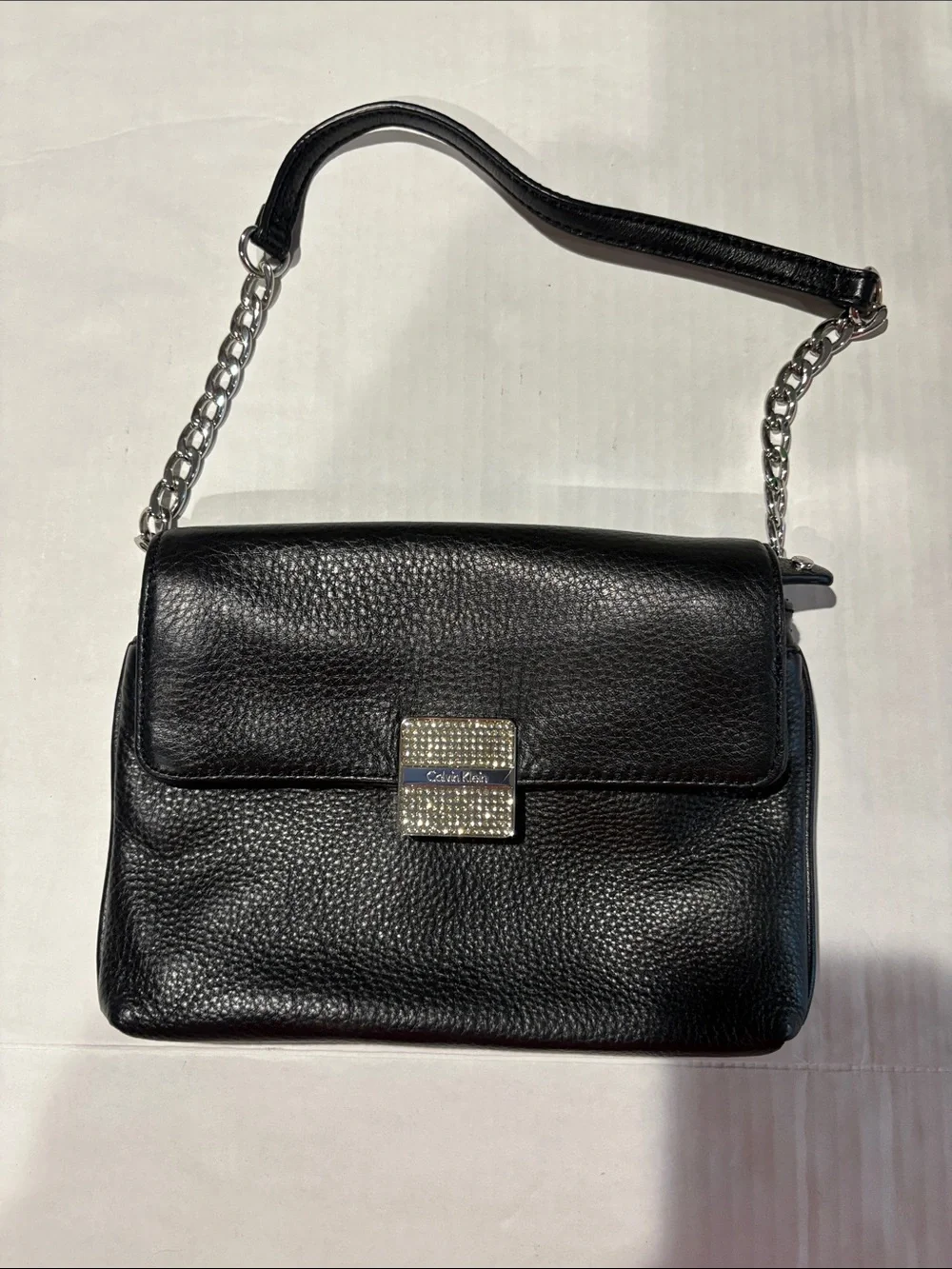 Calvin Klein Black Pebbled Leather Shoulder Bag with Rhinestone Lock